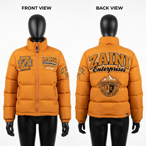 Women Polyester 110 GSM Quilted Puffer <b>Jacket</b> Mustard Orange Panel Design Custom Chenille Embroidery Print OEM ODM - Product Image 1