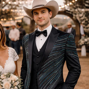 <b>Men</b>’s Black Designer Embroidered Tuxedo <b>Suit</b> – Handmade Sequin Pattern Wedding Party Prom <b>Blazer</b> with Vest & Pants - Product Image 1