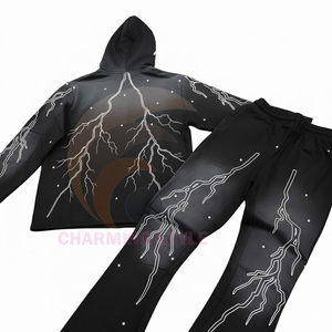 Custom Vintage Jogging Set Zip up Acid Wash <b>Tracksuit</b> Sweat Suit Hoodie and Straight Leg Flared Sweatpants Track Suit for Men - Product Image 2