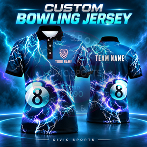 Camiseta de Bolos Personalizada CIVIC SPORTS para Hombre, Manga Corta, Impresión Digital, Secado Rápido, Diseño de Rayo con Bola 8 - Product Image 1