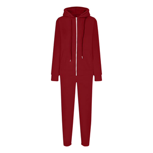 Chándal con capucha de color liso para mujer, cierre de cremallera completa, al por mayor, rojo, 100% algodón, material de peso medio, bolsillos laterales - Product Image 1