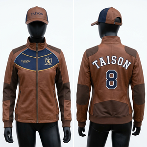Womens Rugby Training Jacket 320 GSM Poly Cotton <b>Fleece</b> <b>Brown</b> Navy Contrast Panel Embroidery Custom Logo Athletic Fit Wear - Product Image 1