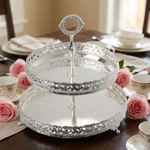 Plateau de service de luxe en argent à 2 niveaux, support à gâteau décoratif, plateau à dessert, présentoir à fruits et en-cas en métal pour la maison, les fêtes et les mariages - Product Image 6