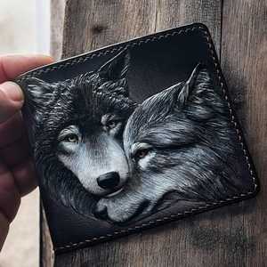 Black Color Attractive Hand <b>Tooled</b> Wolf Face Carved Border Stitched 100% Genuine <b>Leather</b> Material Bifold Card Cash Men's Wallets - Product Image 1