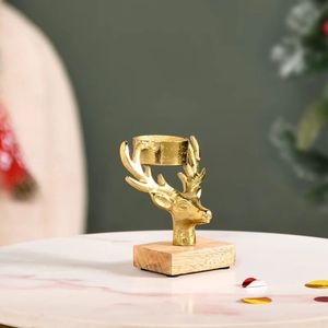 Golden Deer Head Candle Holder Set of 2 Brass Metal Wood Base Classic Decorative Handicraft - Product Image 3