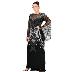Robe de Soirée Fourreau Noire Élégante Personnalisée à Paillettes, Robe de Bal de Luxe à Manches Longues avec Motif Géométrique Perlé, Vente en Gros - Product Image 4