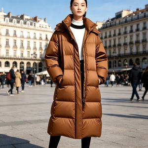 Long Quilted <b>Winter</b> Jacket With Hood Full Sleeves Zipper Closure Solid Color Polyester Shell <b>Thick</b> Warm <b>Coat</b> - Product Image 2