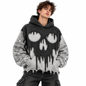 Custom <b>Black</b> Grey Distressed Oversized Acid Wash Winter Hoodie for <b>Men</b> 100% Cotton <b>Fleece</b> Vintage Pullover Sweatshirt Windproof - Product Image 1