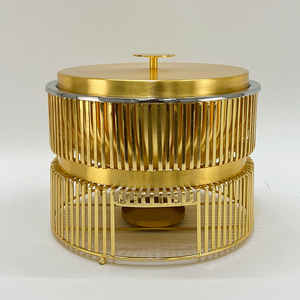 Gold Round Chafing Dish Stainless Steel Manual Steam Heating <b>Buffet</b> Food <b>Warmer</b> with Lid Fluted Catering Serving Pan for Party - Product Image 4