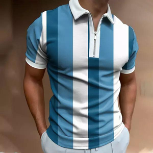 Chemise à manches courtes pour homme, rayée noir et blanc, à blocs de couleur, fermeture éclair sur le devant, style sportif, tricotée, 100% coton, séchage rapide - Product Image 6