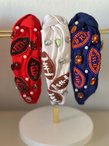 Export Quality Orange and White <b>Football</b> Beaded <b>Headband</b> Gameday Knotted Sports Hairband with Rhinestone Embellishment <b>Headbands</b> - Product Image 2