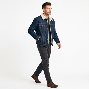 Blue <b>Denim</b> Sherpa Lined Jacket Men's Button Up Workwear <b>Coat</b> with Chest Pocket and Sleeve Cuffs - Product Image 2