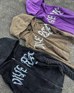 Custom Men's Boxy Zip Hoodie Oversized Heavyweight Vintage Stone Wash Print Distressed 3D Rhinestone Embroidery <b>Patch</b> <b>Applique</b> - Product Image 1