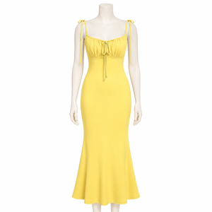 Elegante Vestido Maxi Amarillo Crema con Volantes Estilo Sirena para Mujer |   Vestido de Noche Ajustado sin Mangas con Tirantes para Fiesta, Cóctel o Boda - Product Image 1
