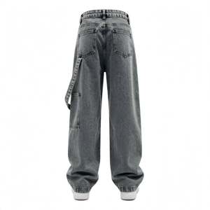 Men Wide Leg Stonewashed Denim Pants <b>Elastic</b> <b>Waist</b> Casual Streetwear Cotton Canvas Autumn Breathable Side Pockets Straight <b>Jeans</b> - Product Image 2