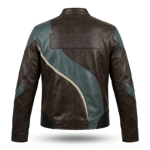 Chaqueta de Cuero Genuino Marrón Oscuro para Hombre, con Rayas Curvas Onduladas, Ribete Crema Azul Turquesa, Cuello Alto y Cierre de Cremallera, Estilo Motero - Product Image 2