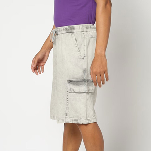 Hip Hop Men Light Gray Eco Friendly Solid <b>Cargo</b> Bermuda <b>Shorts</b> with Elastic Waist and Pockets Vintage Style Woven Cotton Fabric - Product Image 3