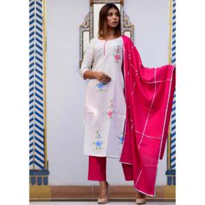 Magnifique ensemble de costume en mousseline de coton rose pour femme, peint à la main, avec dupatta brodée Gotta Jaal - Taille XS - Product Image 1