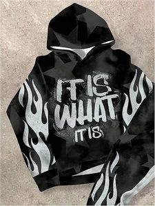 Ensemble sweat à capuche et pantalon pour homme, imprimé flamme noire, style streetwear, avec étoiles et texte, tenue d'automne - Product Image 2