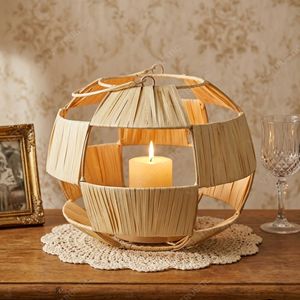 Lanterne suspendue en verre style Japandi avec feuilles de palmier, support de bougie sur trépied, pour jardin et décoration intérieure - Product Image 4