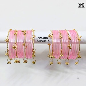 Pink Gold Plated 2mm 32-Piece Kashmiri Jelly Glass Bangles Set Ghungru Both Hands Traditional Indian Chudi Women Wedding Bridal - Product Image 1