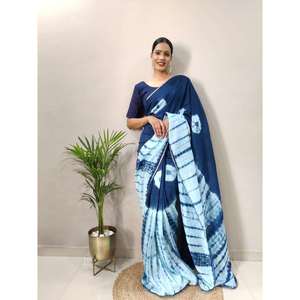 CRÉATEUR CHANDERI COTON SOIE DENTELLE TRAVAIL PRÊT À PORTER SAREE AVEC BLOUSE INCOSÉE BLEU - Product Image 1
