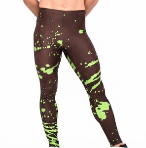 Leggings de compression intégraux pour hommes, imprimé éclaboussures marron-vert, taille élastique, impression par sublimation, Spandex Polyester - Product Image 1