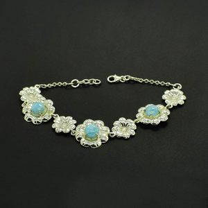 Pulsera de Plata de Ley 925 con Flor y Larimar Engastado en Bisel, Joyería de Cadena para Mujer, Estilo Clásico para Uso Diario - Product Image 3