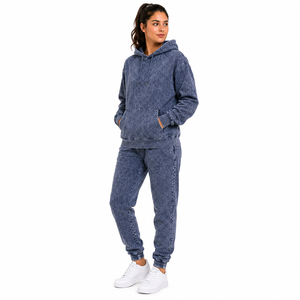 Ensemble de survêtement décontracté pour femme, coupe ample, couleur unie, avec sweat à capuche et pantalon de jogging en coton délavé à l'acide, longueur intégrale, avec poches latérales - Product Image 3