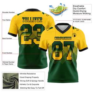 Maillot de football américain personnalisé jaune-vert, col en V, impression sublimée, évacuation de l'humidité, 100 % polyester, coupe classique pour homme - Product Image 2