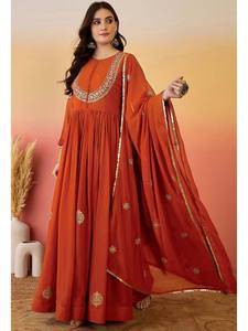 Ensemble Anarkali brodé orange en Georgette avec Dupatta à sequins pour femme, tenue de mariage et de fête, Inde Pakistan - Product Image 4