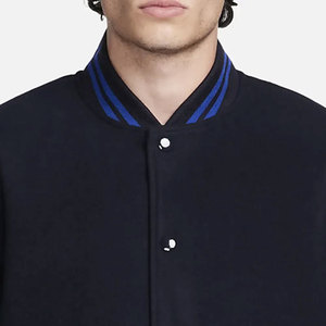 Men's Navy Blue Varsity <b>Jacket</b> Regular Fit Turn-down Collar <b>Fleece</b> <b>Lining</b> Button Closure Solid Color Casual Autumn Wear - Product Image 2