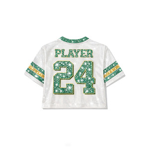 2026 Premium Rhinestone <b>Studs</b> Glitter Women American Football Jersey Crop Top Sparkly Green Gold Print Mesh Cropped Fashion OEM - Product Image 2