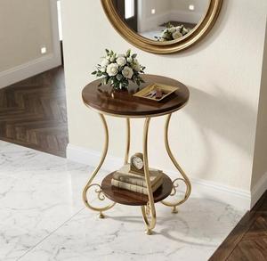 Round Walnut <b>Top</b> <b>Console</b> <b>Table</b> <b>with</b> Brass Legs and Lower Shelf for Living Room Furniture - Product Image 6