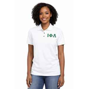 Iota Phi Lambda Sorority <b>White</b> Polo <b>Shirt</b> Greek Letter Apparel <b>Womens</b> Casual <b>Short</b> <b>Sleeve</b> Collared Top - Product Image 3