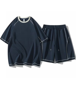 Men Solid <b>Navy</b> Blue Crew Neck T-Shirt Set Breathable Quick Dry Knitted 180g Shorts Casual Summer Outfit - Product Image 1
