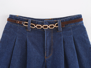 Shorts de Mezclilla de Cintura Alta con Cinturón, Corte Holgado, Estilo Casual para Mujer - Product Image 2