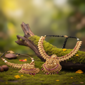 <b>Ruby</b> Temple Nakshi Gold Plated Zircon <b>Necklace</b> Set-Fine Bridal Jewelry - Product Image 3