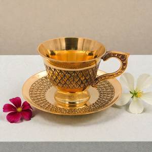 Handcrafted Brass <b>Cup</b> and <b>Saucer</b> with Unique Artisan Patterns and Lustrous Golden Tone for Home and Restaurant Use - Product Image 2