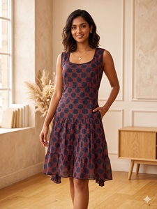 Vestido Boho Dulce de Algodón Natural con Cuello Redondo, Largo hasta la Rodilla, Corte en A, Estampado Paisley Geométrico, Sin Mangas, Verano, Casual, Ecológico - Product Image 3