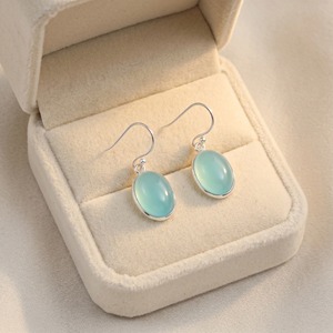 Pendientes Colgantes Ovalados de Calcedonia Azul Natural, Plata de Ley 925, Gema Cabujón Hecha a Mano, Joyería Elegante para Regalo - Product Image 6