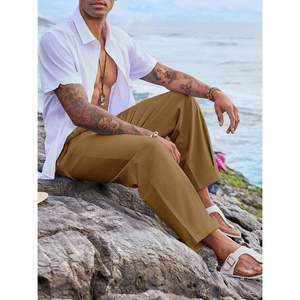 2025 pantalones bombachos de lino y algodón para hombre, playa, Yoga, informal, ligeros, con cintura elástica, función antiarrugas, logotipo personalizable - Product Image 2