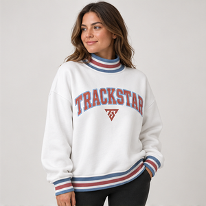 Sudadera Blanca de Cuello Alto para Mujer con Ribete a Rayas Azules y Color Óxido, Letras Varsity, Manga Larga, Logotipo Personalizado - Product Image 3