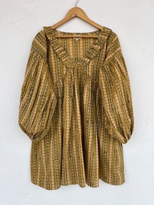 Women's 100% Cotton Beige Border Print <b>Ruffle</b> Neck Long Sleeve A-Line Mini Bohemian Tunic <b>Dress</b> Summer Vacation Beach <b>Dress</b> - Product Image 3