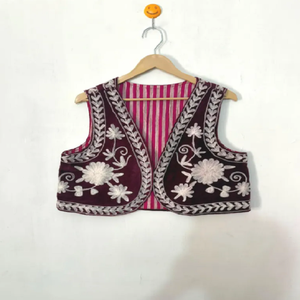 Opulent Short Floral Suzani Velvet Breathable Cotton Gilet with Artistic Embroidery Boho <b>Waistcoat</b> Sleeveless Layering Jacket - Product Image 1