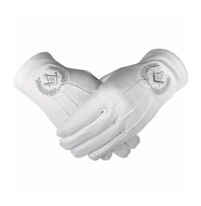Guantes de Algodón Blancos Personalizados para Maestro Masón de la Logia Azul con Bordado de Compás Cuadrado Plateado, Regalia Ceremonial Masónica - Product Image 1