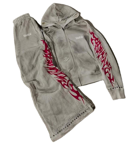 Youtai Men's Gray Flame Print 100% Cotton Breathable Tracksuit <b>Hoodie</b> Full Sleeve Drawstring Streetwear Autumn Sportswear Side - Product Image 6