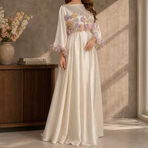 Ivory Satin Floral Applique Maxi Gown for Women Elegant Modest Evening <b>Dress</b> Premium 3D Flower Embroidered Long Sleeve Formal - Product Image 3