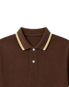 เสื้อโปโลชายสีน้ำตาลแบบกำหนดเอง แขนสั้น สวมใส่สบาย เหมาะสำหรับกีฬากอล์ฟ ระบายอากาศได้ดี ใส่ได้ในฤดูร้อน ดีไซน์คอเสื้อตัดสีลายทาง - Product Image 5