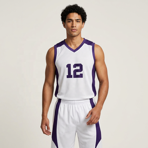 Conjunto de Camiseta de Baloncesto para Hombre, Camiseta sin Mangas con Cuello en V de Malla, Pantalones Cortos con Cintura Elástica, Estampado Sublimado, Transpirable, Ajuste Atlético - Product Image 1